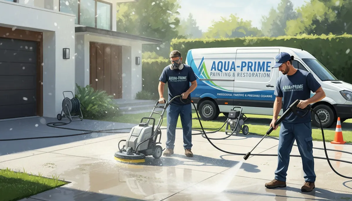 Concrete pressure cleaning in Duluth, MN removes salt stains and grime from a driveway
